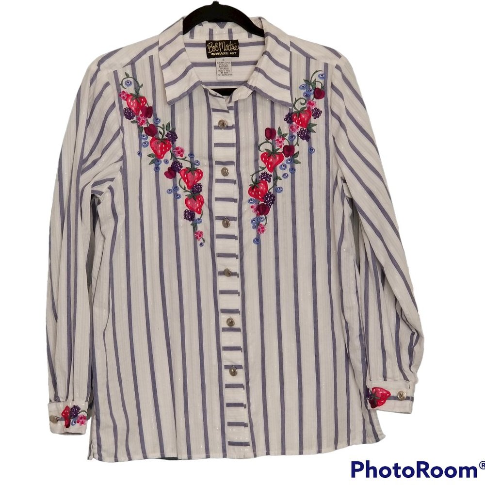Bob Mackie White and Blue Striped Button Down Shirt with Floral Embroidery